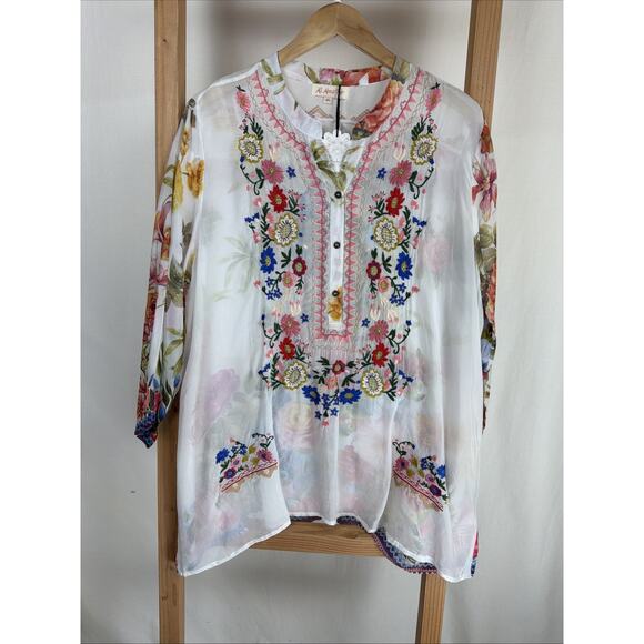 All About Her Tops - NWT All About Her White Floral Cupro Rayon Embroidered Tunic #0983 Size XL